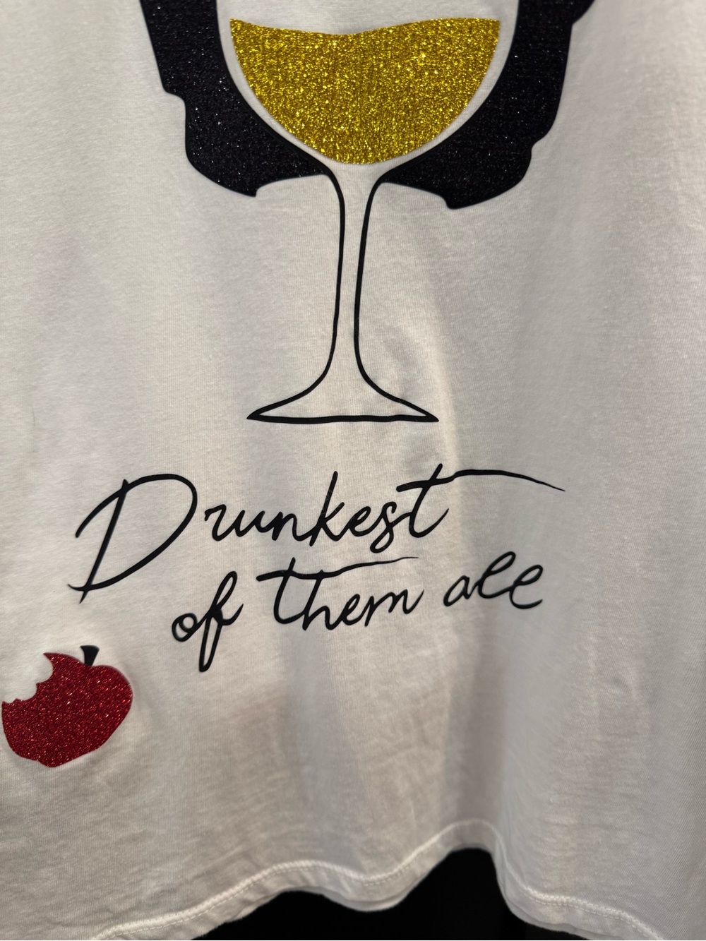 Women's White Short-Sleeve Tee with Glitter Wine Glass Graphic